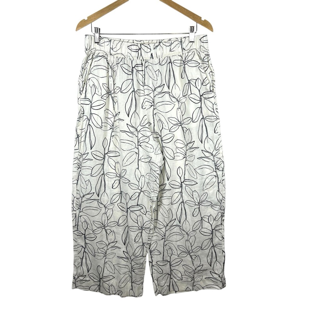 Cynthia Rowley Linen Wide Leg Crop Pants White Black‎ Leaf Print Pull On Large